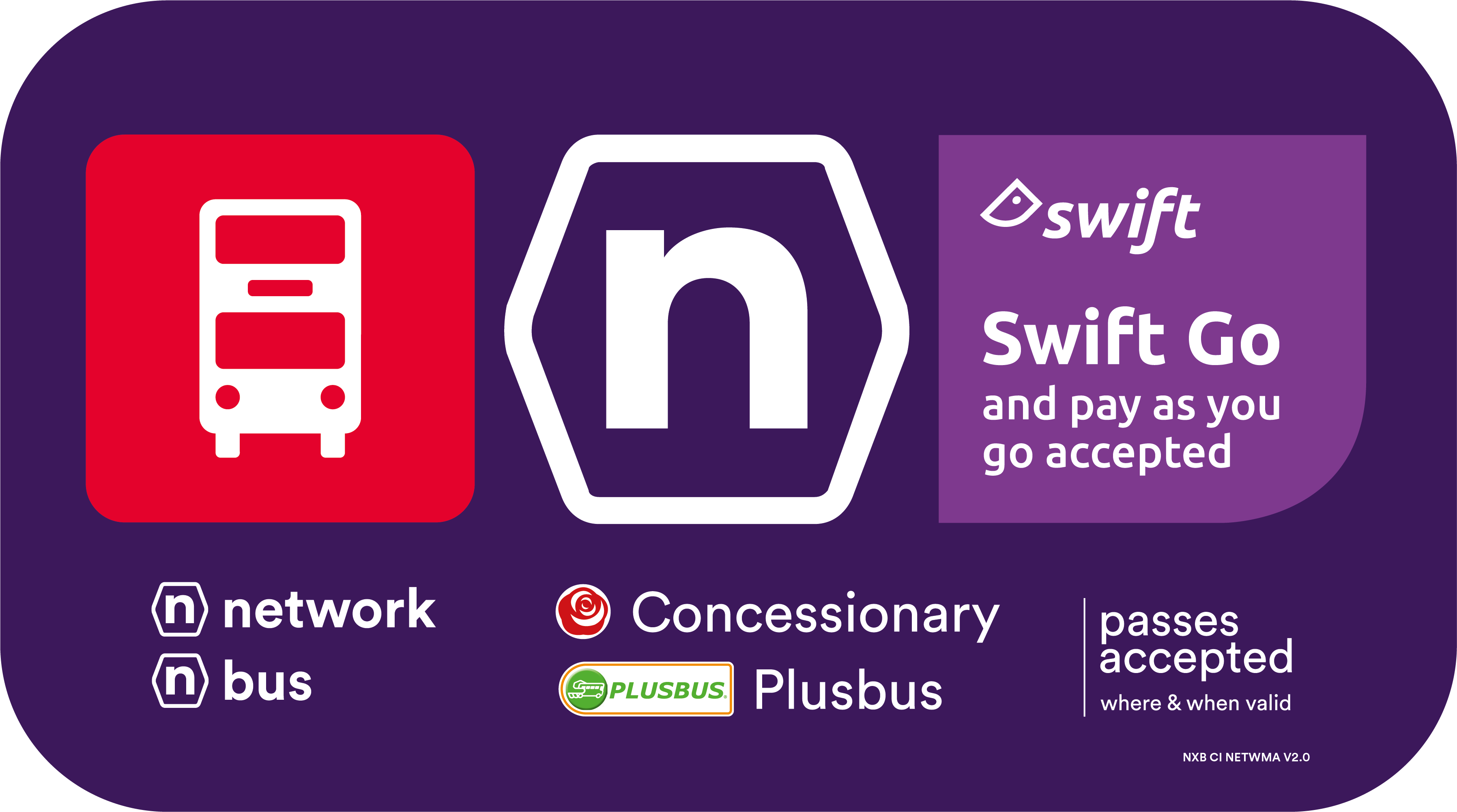 Purple sticker with a 'Swift Go Accepted' notice. This sticker is shown on the side of a bus.